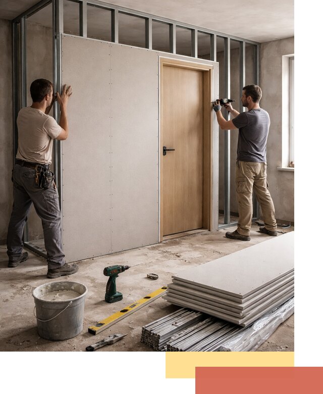 Перегородка из гипсокартона с дверью под ключ в Геленджике