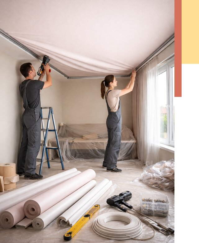 Монтаж цветного натяжного потолка в Геленджике от 4365 руб/м² — быстро и недорого | ОТДЕЛОЧНИК-Глн