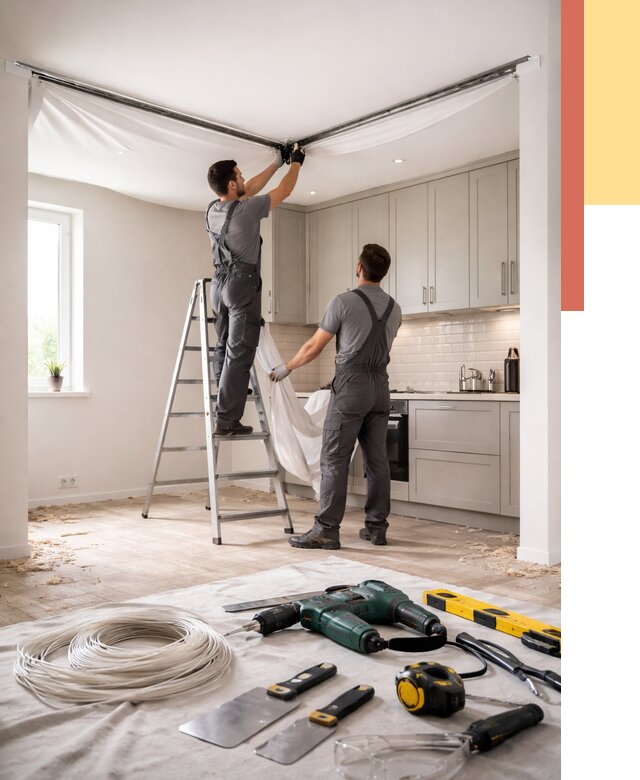 Установка натяжного потолка на кухне в Геленджике от 2495 руб. | ОТДЕЛОЧНИК-Глн