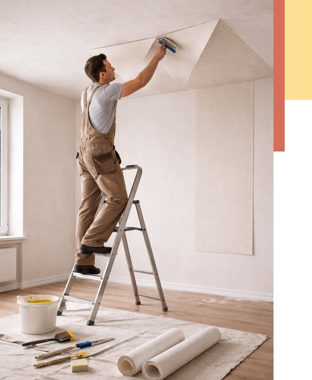 Поклейка обоев на потолок в Геленджике от 4677 руб. быстро и недорого | ОТДЕЛОЧНИК-Глн